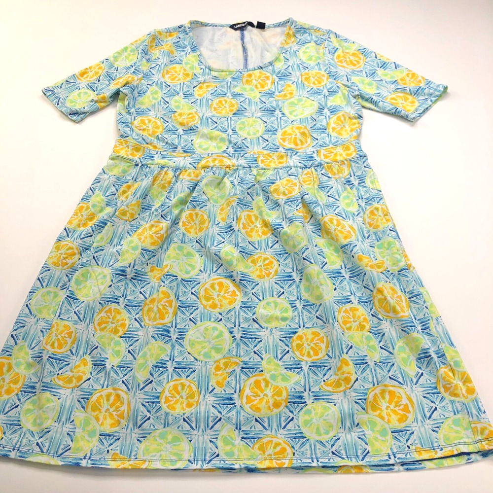 Lands' End Large Women's Fit Flare All Over Print Dress Lemons Blue Yellow